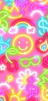 Vibrant neon symbols on a pink background wallpaper.