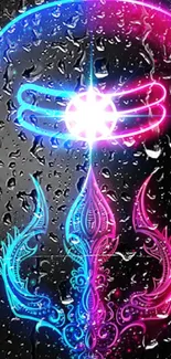 Neon trident design with blue and pink colors on a water droplet background.