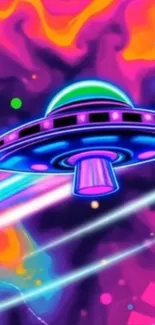 Neon UFO soaring through a colorful cosmic scene.