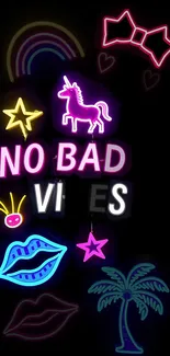 No Bad Vibes neon design with unicorn and vibrant colors.