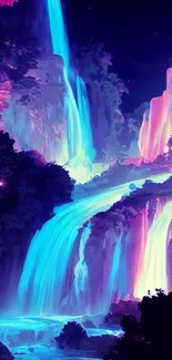 Neon waterfall with vibrant blue and pink colors, creating a stunning visual effect.