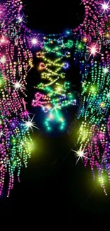 Colorful neon wings with vibrant lights on black background.