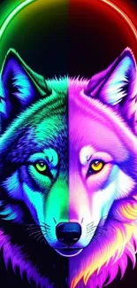 Vibrant neon wolf with rainbow colors, split into two halves.