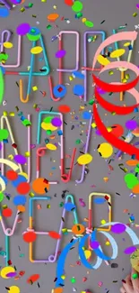 Vibrant mobile wallpaper with confetti and balloons for New Year's celebration.