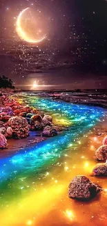 Colorful night beach with rainbow path under a crescent moon.