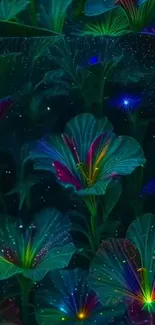 Vibrant night-blooming flowers in dark floral theme.