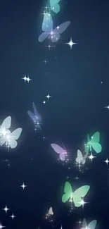 A mystical wallpaper with colorful glowing butterflies on a dark background.