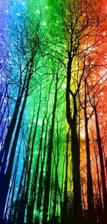 Vibrant rainbow forest with starry sky, perfect for mobile wallpaper.