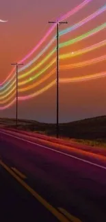 Vibrant road with colorful light trails under crescent moon.