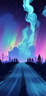 Vibrant night sky wallpaper with colorful aurora above a scenic roadway.