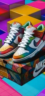 Colorful Nike sneakers on a geometric background
