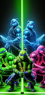 Neon ninja turtles in vibrant colors for mobile wallpaper.