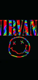 Vibrant and colorful Nirvana logo with smiley face on a black background.