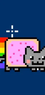 Nyan Cat with rainbow trail on a blue background in pixel art style