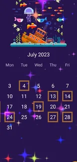 Colorful ocean-themed July 2023 calendar phone wallpaper.