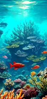 Vibrant underwater scene with coral and fish in vivid colors.