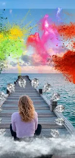 Woman on dock with colorful powder and ocean view.