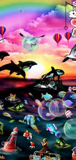 Vibrant ocean fantasy wallpaper with dolphins, fish, and a rainbow sky.