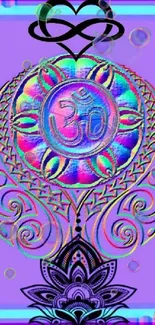 Psychedelic Om symbol with colorful abstract design on lavender background.