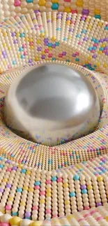 A colorful orb on a textured, beaded surface.