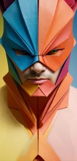 Colorful origami mask with geometric shapes in vibrant hues.