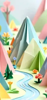 Colorful origami mountains with trees and flowers in a paper art style.