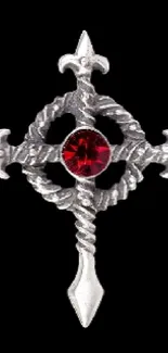Ornate silver daggers with red and blue gemstones on black background.