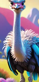 Vivid fantasy art of an ostrich in a colorful landscape.