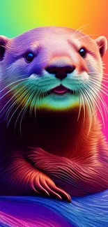 Colorful otter illustration with a rainbow background, ideal for mobile wallpaper.