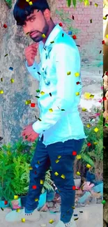 Stylish man outdoors with colorful confetti.