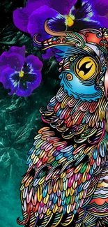 Colorful owl with abstract patterns in a vibrant floral background wallpaper.