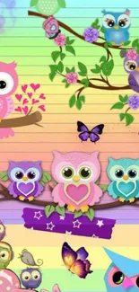 Vibrant owl and butterfly wallpaper in pastel colors.