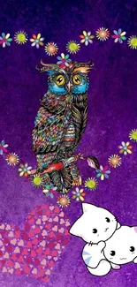 Colorful owl with floral hearts and cute cats on a purple background.