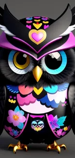 Vibrant owl artwork with intricate colorful patterns on a black background.