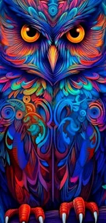 Vibrant owl illustration with colorful patterns as mobile wallpaper.