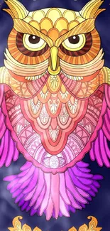 Colorful owl illustration with intricate patterns on a navy background.