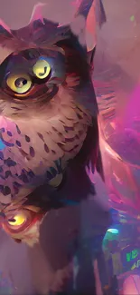 Vibrant abstract owl art in purple tones.