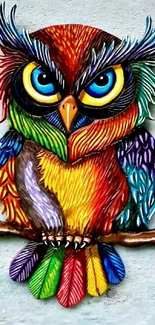 Vibrant rainbow-colored owl artwork with colorful feathers.