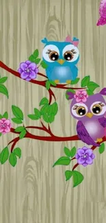 Cute colorful owls perched on a floral branch with a wood texture background.