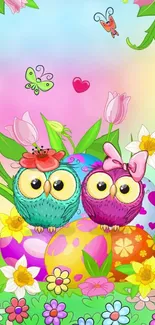 Colorful cartoon owls with flowers and butterflies in a vibrant scene.