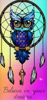 Colorful owl dreamcatcher wallpaper with inspirational quote.