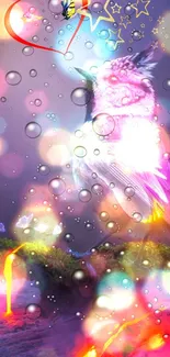 Vibrant owl in a dreamscape with bubbles and stars, perfect for mobile wallpaper.