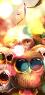 Colorful owl family with large eyes on bright background.