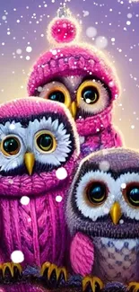 Colorful owl family in knitwear with festive ornaments.