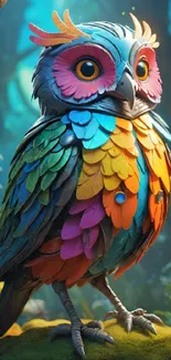 Colorful owl fantasy art wallpaper with vibrant feathers.