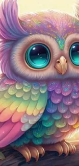 Colorful owl with vibrant feathers and big eyes in fantasy art style.