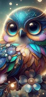 Fantasy owl with colorful feathers and glowing flowers in a digital art style.