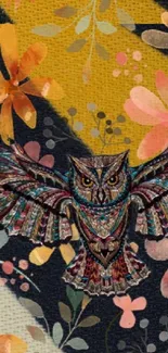 Intricate owl in flight with vibrant floral background design.