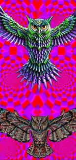 Vibrant psychedelic wallpaper featuring colorful owls and optical illusion patterns.