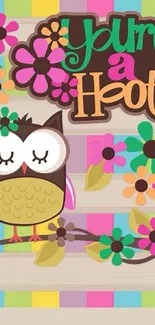 Cartoon owl with colorful floral design and quirky text on mobile wallpaper.